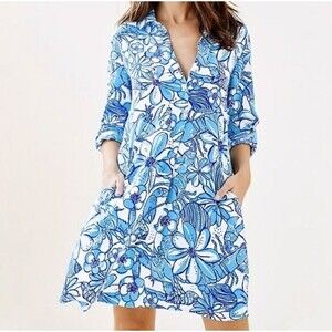 Lilly Pulitzer Small Tunic Shirt Dress Women's Blue White Floral Lobster Rayon